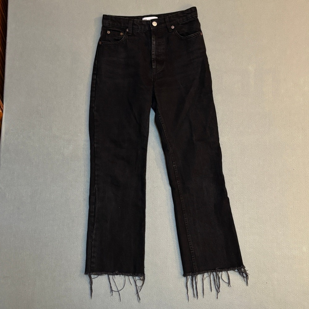 Zara High Waisted Straight Leg Jeans Buttonfly Black Raw Hem Size 2 100% Cotton